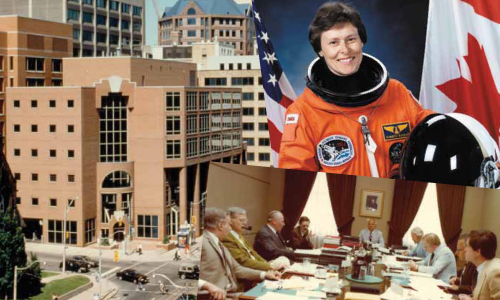 Collage of current building, Roberta Bondar in astronaut uniform, and a meeting of Council